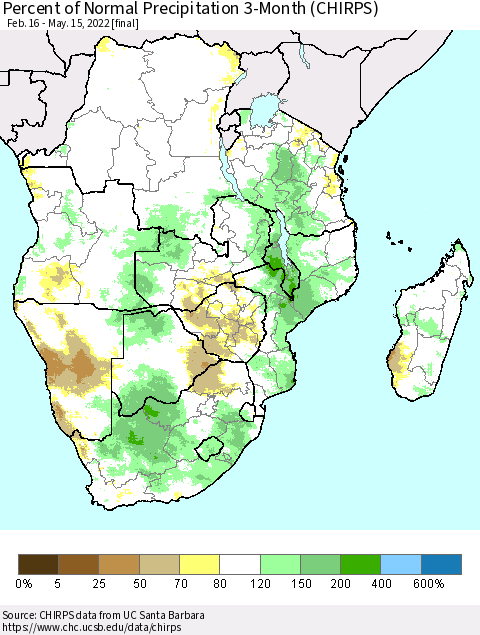 Southern Africa Percent of Normal Precipitation 3-Month (CHIRPS) Thematic Map For 2/16/2022 - 5/15/2022