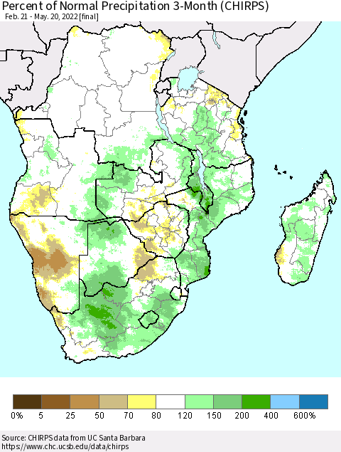 Southern Africa Percent of Normal Precipitation 3-Month (CHIRPS) Thematic Map For 2/21/2022 - 5/20/2022