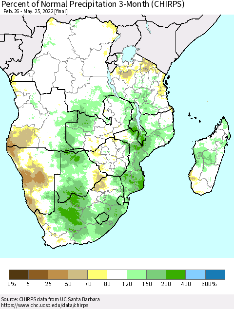 Southern Africa Percent of Normal Precipitation 3-Month (CHIRPS) Thematic Map For 2/26/2022 - 5/25/2022