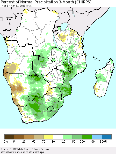 Southern Africa Percent of Normal Precipitation 3-Month (CHIRPS) Thematic Map For 3/1/2022 - 5/31/2022
