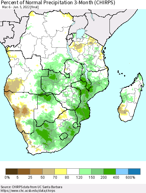 Southern Africa Percent of Normal Precipitation 3-Month (CHIRPS) Thematic Map For 3/6/2022 - 6/5/2022