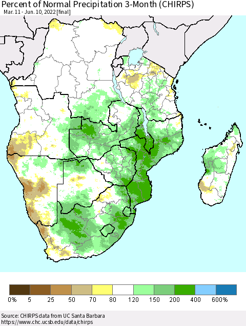 Southern Africa Percent of Normal Precipitation 3-Month (CHIRPS) Thematic Map For 3/11/2022 - 6/10/2022