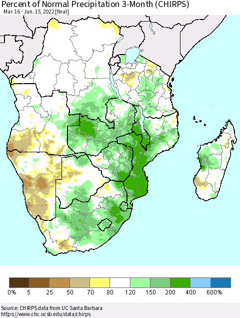 Southern Africa Percent of Normal Precipitation 3-Month (CHIRPS) Thematic Map For 3/16/2022 - 6/15/2022