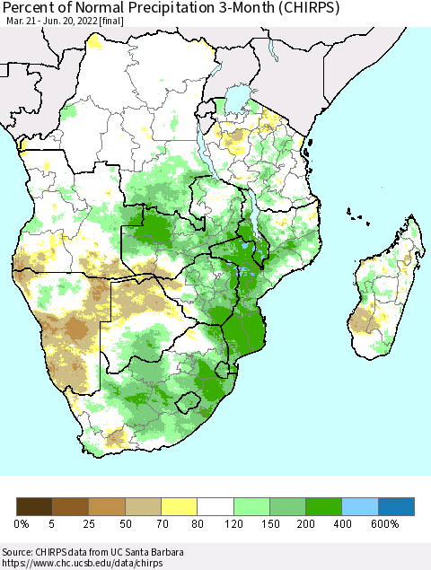 Southern Africa Percent of Normal Precipitation 3-Month (CHIRPS) Thematic Map For 3/21/2022 - 6/20/2022