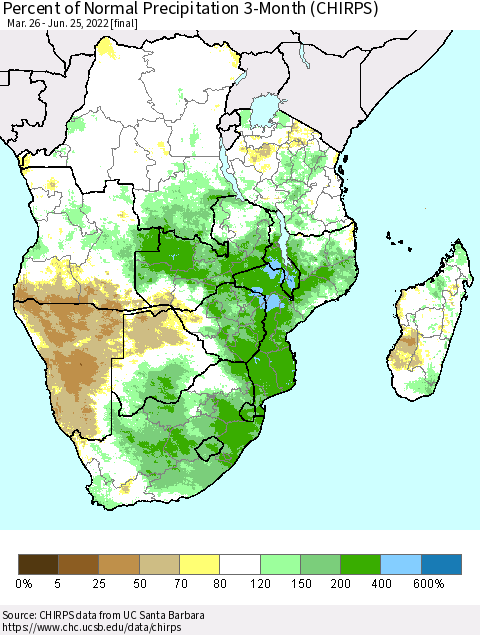 Southern Africa Percent of Normal Precipitation 3-Month (CHIRPS) Thematic Map For 3/26/2022 - 6/25/2022