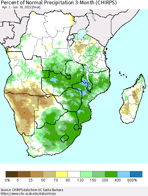 Southern Africa Percent of Normal Precipitation 3-Month (CHIRPS) Thematic Map For 4/1/2022 - 6/30/2022