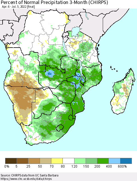 Southern Africa Percent of Normal Precipitation 3-Month (CHIRPS) Thematic Map For 4/6/2022 - 7/5/2022