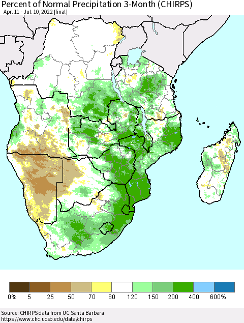 Southern Africa Percent of Normal Precipitation 3-Month (CHIRPS) Thematic Map For 4/11/2022 - 7/10/2022