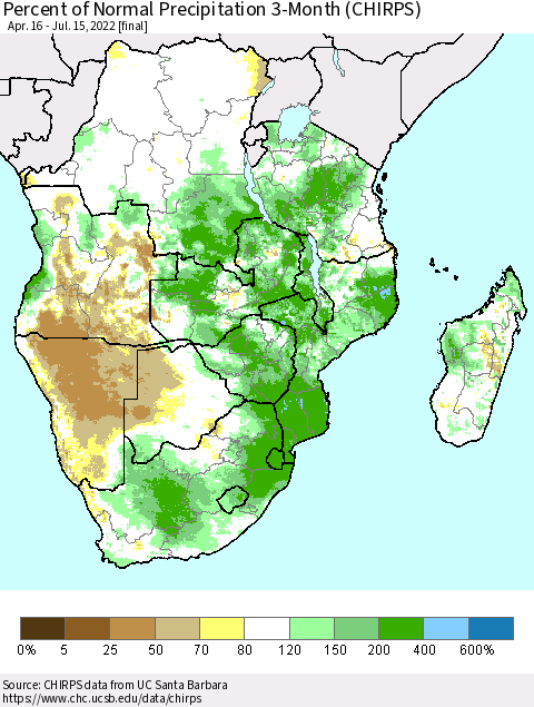 Southern Africa Percent of Normal Precipitation 3-Month (CHIRPS) Thematic Map For 4/16/2022 - 7/15/2022
