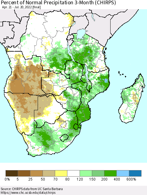 Southern Africa Percent of Normal Precipitation 3-Month (CHIRPS) Thematic Map For 4/21/2022 - 7/20/2022