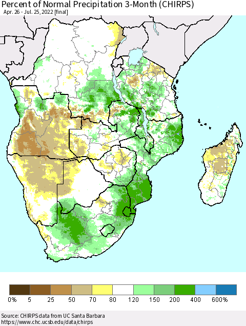 Southern Africa Percent of Normal Precipitation 3-Month (CHIRPS) Thematic Map For 4/26/2022 - 7/25/2022