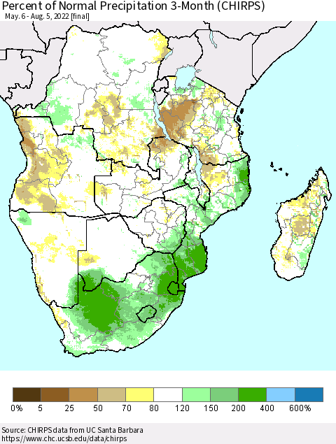 Southern Africa Percent of Normal Precipitation 3-Month (CHIRPS) Thematic Map For 5/6/2022 - 8/5/2022