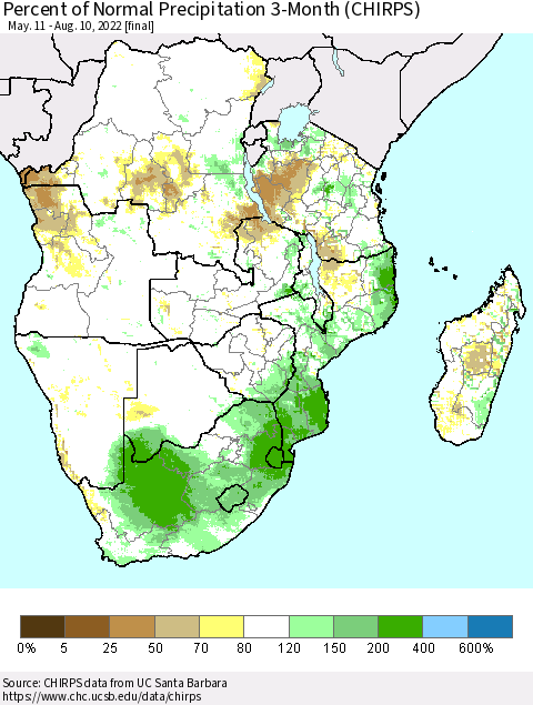 Southern Africa Percent of Normal Precipitation 3-Month (CHIRPS) Thematic Map For 5/11/2022 - 8/10/2022