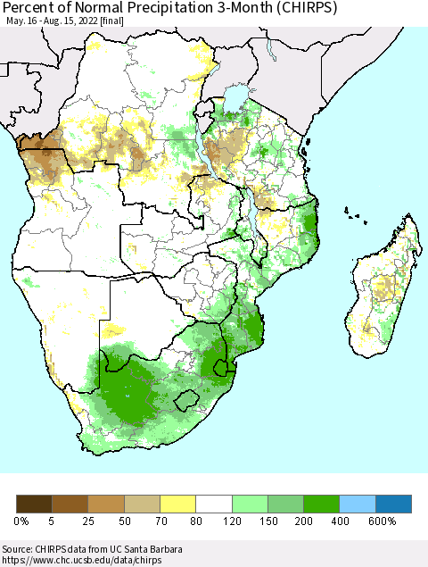 Southern Africa Percent of Normal Precipitation 3-Month (CHIRPS) Thematic Map For 5/16/2022 - 8/15/2022