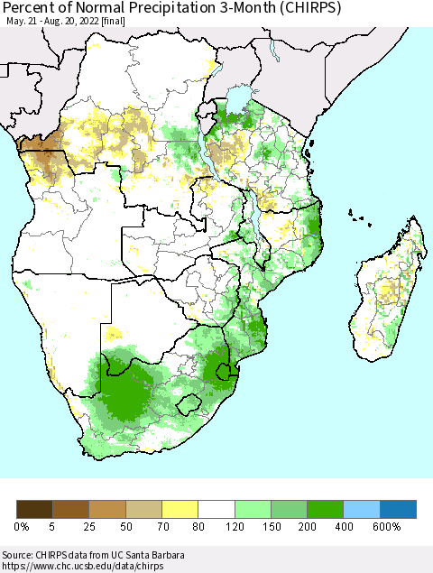 Southern Africa Percent of Normal Precipitation 3-Month (CHIRPS) Thematic Map For 5/21/2022 - 8/20/2022