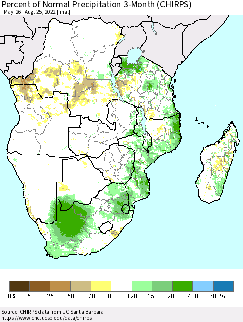 Southern Africa Percent of Normal Precipitation 3-Month (CHIRPS) Thematic Map For 5/26/2022 - 8/25/2022