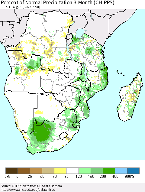 Southern Africa Percent of Normal Precipitation 3-Month (CHIRPS) Thematic Map For 6/1/2022 - 8/31/2022