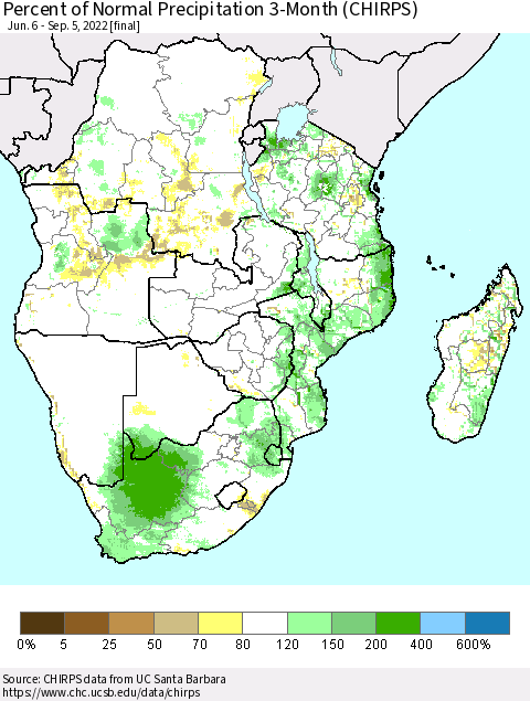 Southern Africa Percent of Normal Precipitation 3-Month (CHIRPS) Thematic Map For 6/6/2022 - 9/5/2022