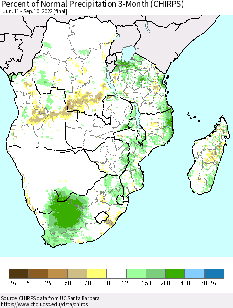 Southern Africa Percent of Normal Precipitation 3-Month (CHIRPS) Thematic Map For 6/11/2022 - 9/10/2022