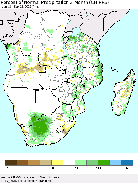 Southern Africa Percent of Normal Precipitation 3-Month (CHIRPS) Thematic Map For 6/16/2022 - 9/15/2022
