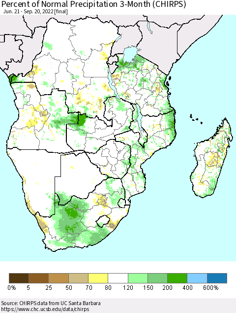 Southern Africa Percent of Normal Precipitation 3-Month (CHIRPS) Thematic Map For 6/21/2022 - 9/20/2022