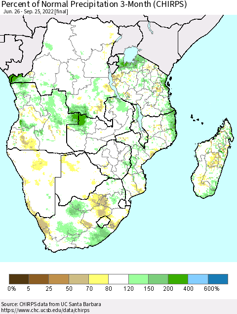 Southern Africa Percent of Normal Precipitation 3-Month (CHIRPS) Thematic Map For 6/26/2022 - 9/25/2022