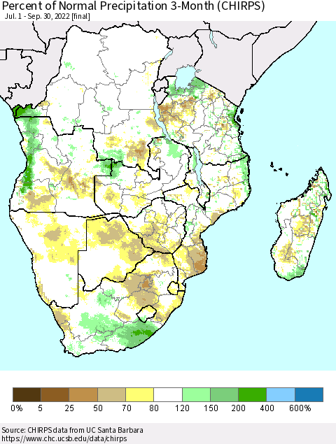 Southern Africa Percent of Normal Precipitation 3-Month (CHIRPS) Thematic Map For 7/1/2022 - 9/30/2022