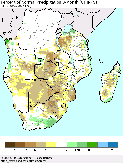 Southern Africa Percent of Normal Precipitation 3-Month (CHIRPS) Thematic Map For 7/6/2022 - 10/5/2022