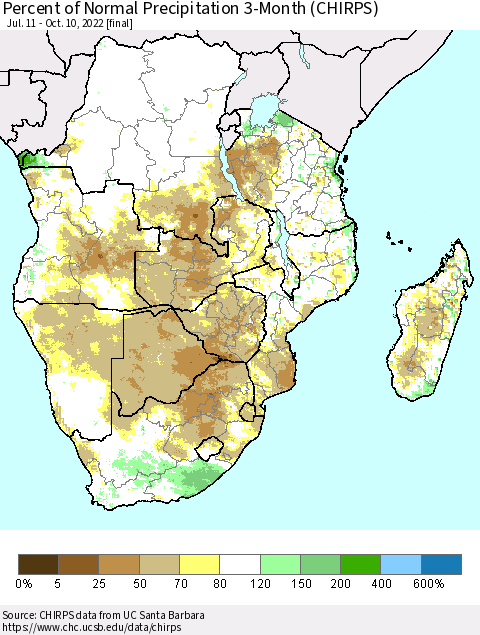 Southern Africa Percent of Normal Precipitation 3-Month (CHIRPS) Thematic Map For 7/11/2022 - 10/10/2022