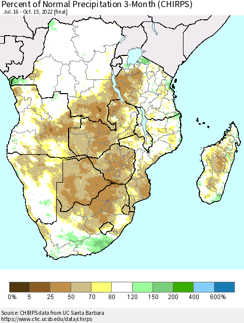 Southern Africa Percent of Normal Precipitation 3-Month (CHIRPS) Thematic Map For 7/16/2022 - 10/15/2022