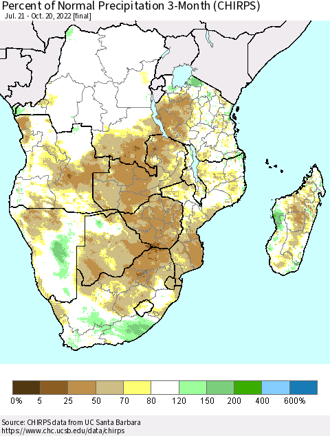 Southern Africa Percent of Normal Precipitation 3-Month (CHIRPS) Thematic Map For 7/21/2022 - 10/20/2022