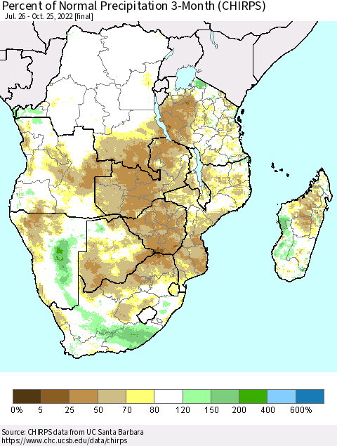 Southern Africa Percent of Normal Precipitation 3-Month (CHIRPS) Thematic Map For 7/26/2022 - 10/25/2022