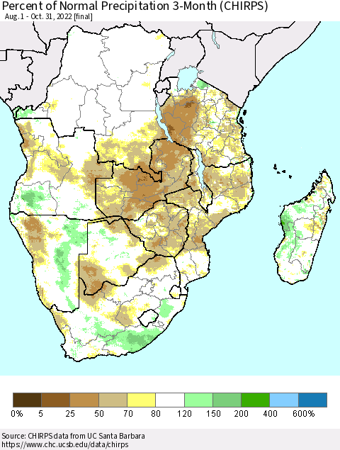 Southern Africa Percent of Normal Precipitation 3-Month (CHIRPS) Thematic Map For 8/1/2022 - 10/31/2022