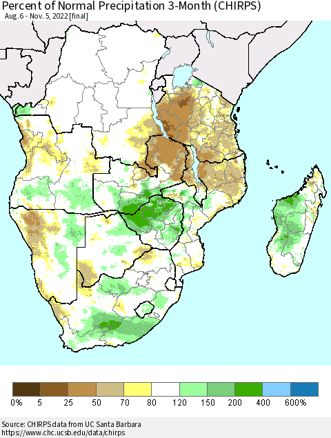 Southern Africa Percent of Normal Precipitation 3-Month (CHIRPS) Thematic Map For 8/6/2022 - 11/5/2022