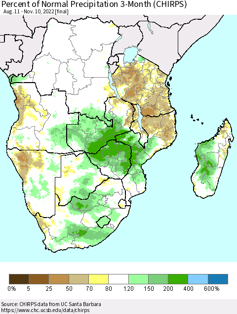 Southern Africa Percent of Normal Precipitation 3-Month (CHIRPS) Thematic Map For 8/11/2022 - 11/10/2022