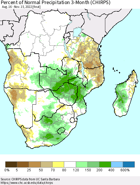 Southern Africa Percent of Normal Precipitation 3-Month (CHIRPS) Thematic Map For 8/16/2022 - 11/15/2022