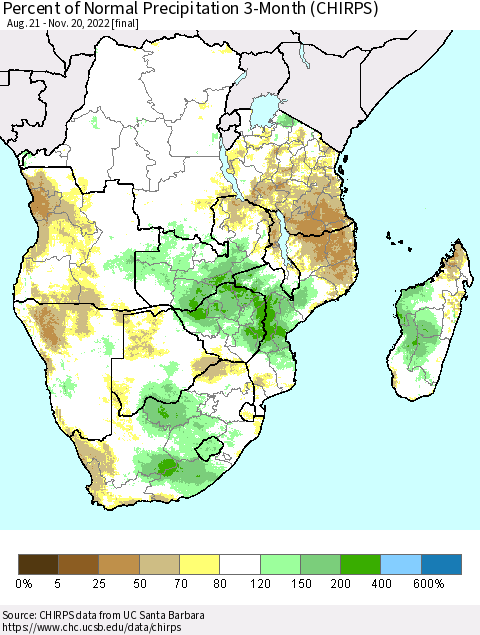 Southern Africa Percent of Normal Precipitation 3-Month (CHIRPS) Thematic Map For 8/21/2022 - 11/20/2022