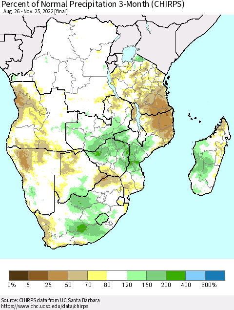 Southern Africa Percent of Normal Precipitation 3-Month (CHIRPS) Thematic Map For 8/26/2022 - 11/25/2022