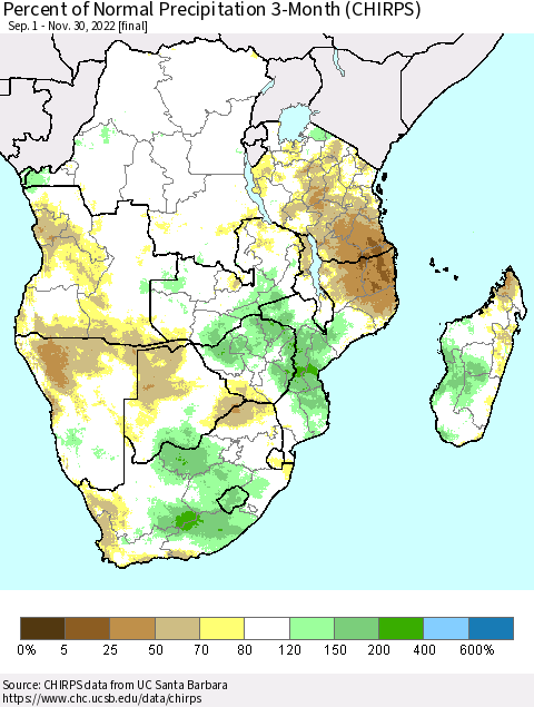 Southern Africa Percent of Normal Precipitation 3-Month (CHIRPS) Thematic Map For 9/1/2022 - 11/30/2022