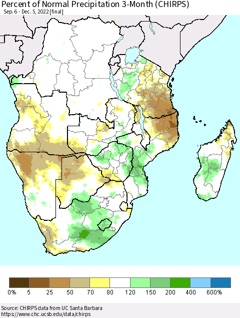 Southern Africa Percent of Normal Precipitation 3-Month (CHIRPS) Thematic Map For 9/6/2022 - 12/5/2022