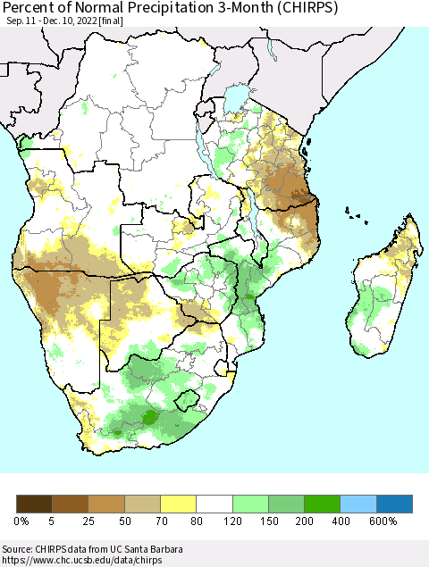 Southern Africa Percent of Normal Precipitation 3-Month (CHIRPS) Thematic Map For 9/11/2022 - 12/10/2022