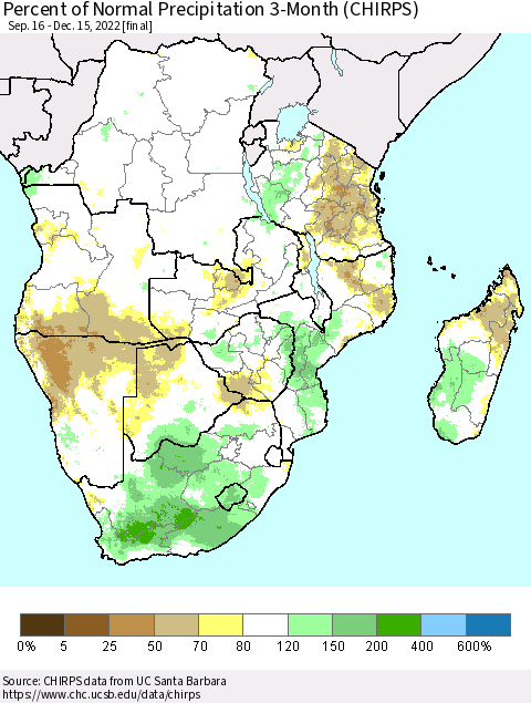 Southern Africa Percent of Normal Precipitation 3-Month (CHIRPS) Thematic Map For 9/16/2022 - 12/15/2022