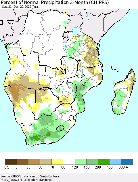 Southern Africa Percent of Normal Precipitation 3-Month (CHIRPS) Thematic Map For 9/21/2022 - 12/20/2022