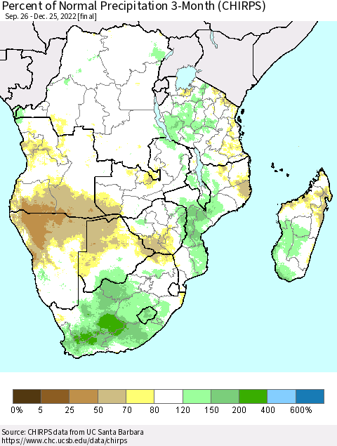 Southern Africa Percent of Normal Precipitation 3-Month (CHIRPS) Thematic Map For 9/26/2022 - 12/25/2022