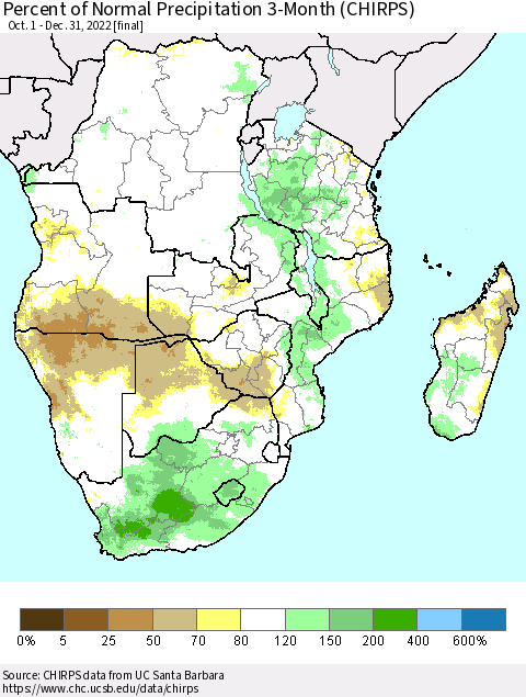 Southern Africa Percent of Normal Precipitation 3-Month (CHIRPS) Thematic Map For 10/1/2022 - 12/31/2022