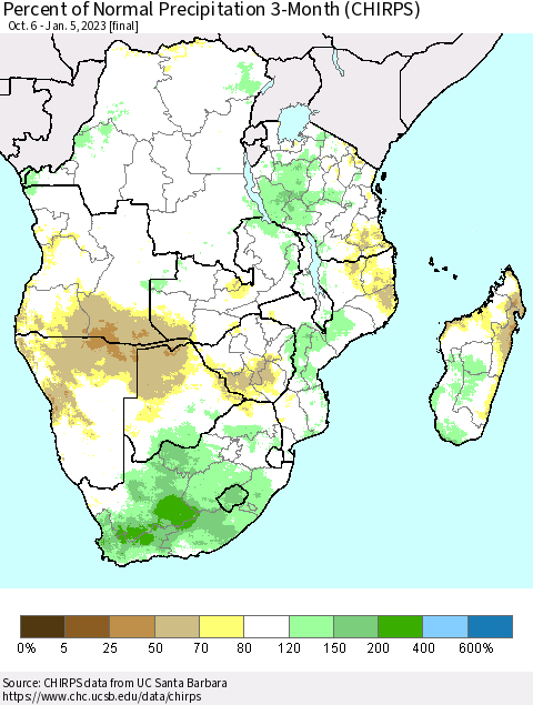 Southern Africa Percent of Normal Precipitation 3-Month (CHIRPS) Thematic Map For 10/6/2022 - 1/5/2023