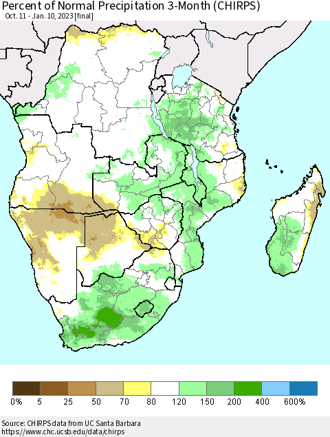 Southern Africa Percent of Normal Precipitation 3-Month (CHIRPS) Thematic Map For 10/11/2022 - 1/10/2023