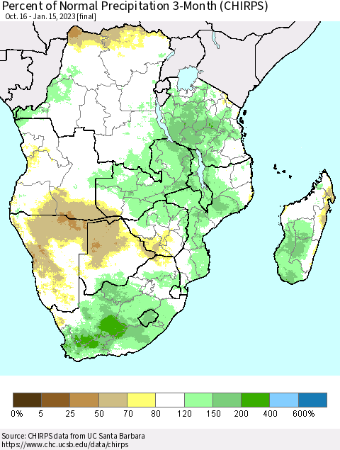 Southern Africa Percent of Normal Precipitation 3-Month (CHIRPS) Thematic Map For 10/16/2022 - 1/15/2023
