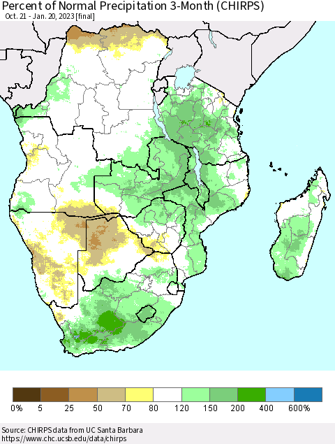 Southern Africa Percent of Normal Precipitation 3-Month (CHIRPS) Thematic Map For 10/21/2022 - 1/20/2023