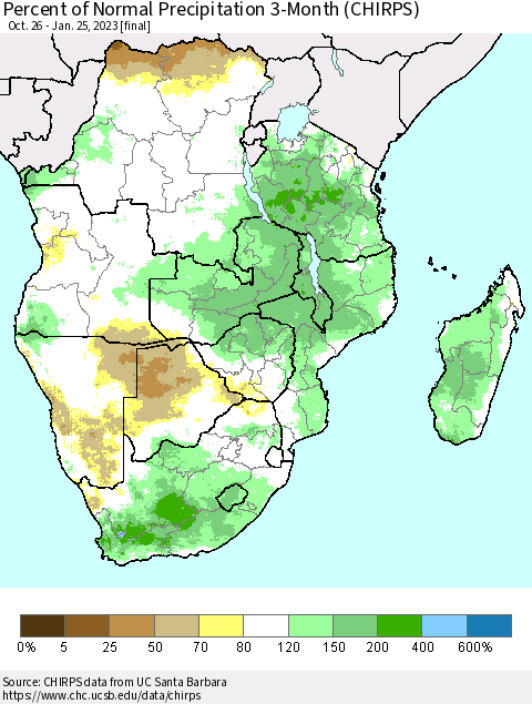Southern Africa Percent of Normal Precipitation 3-Month (CHIRPS) Thematic Map For 10/26/2022 - 1/25/2023